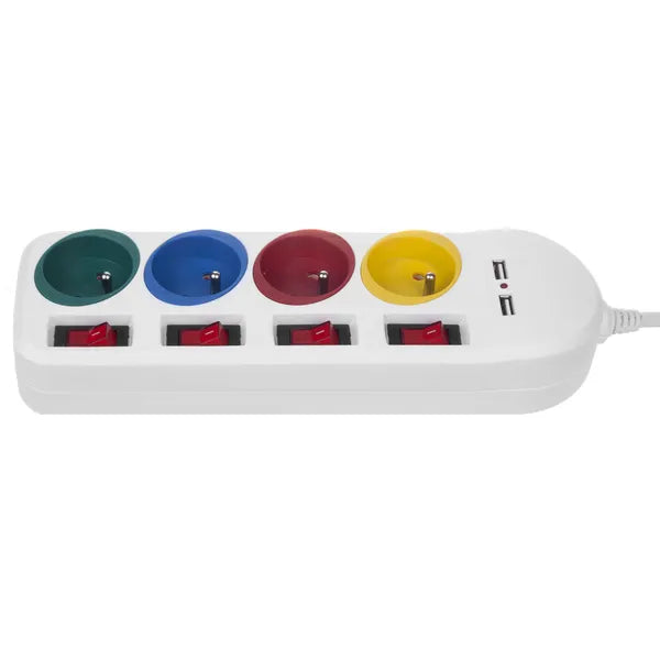 4 aljzatos hosszabbító 2 USB-vel, egyenkénti kapcsolókkal, 1,5 m, fehér