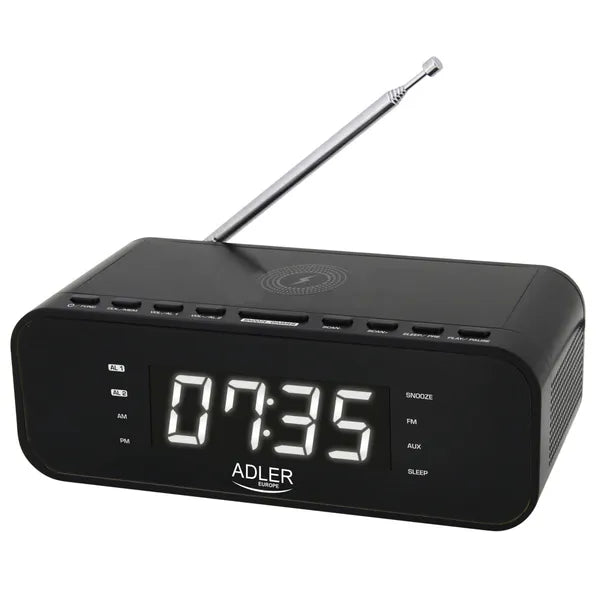 Fekete rádiós ébresztőóra vezeték nélküli 5W töltővel, Bluetooth FM