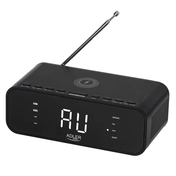 Fekete rádiós ébresztőóra vezeték nélküli 5W töltővel, Bluetooth FM