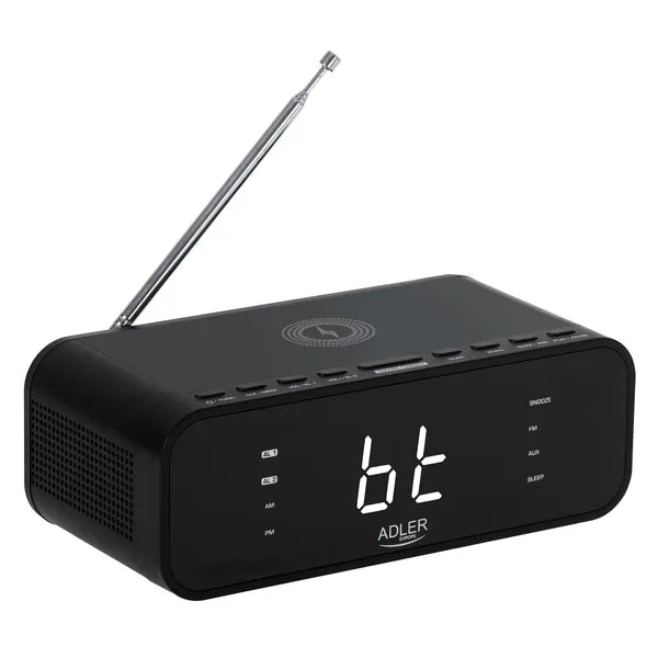 Fekete rádiós ébresztőóra vezeték nélküli 5W töltővel, Bluetooth FM