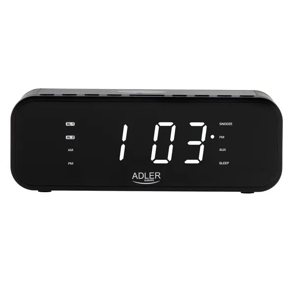 Fekete rádiós ébresztőóra vezeték nélküli 5W töltővel, Bluetooth FM
