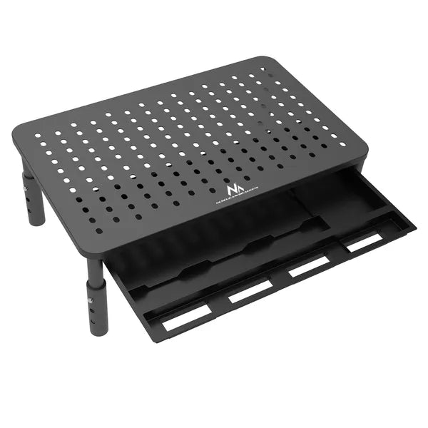 Állítható, szellőző monitor- és laptopállvány fiókkal, 13–32”, 20 kg