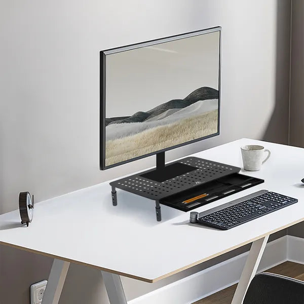 Állítható, szellőző monitor- és laptopállvány fiókkal, 13–32”, 20 kg