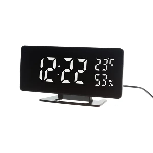 Digitális ébresztőóra hő- és páratartalom-mérővel, USB-C, fekete, 18 cm