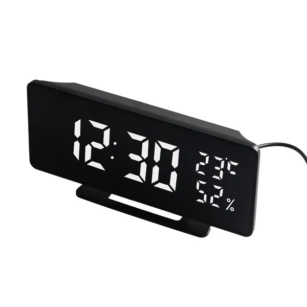 Digitális ébresztőóra hő- és páratartalom-mérővel, USB-C, fekete, 18 cm