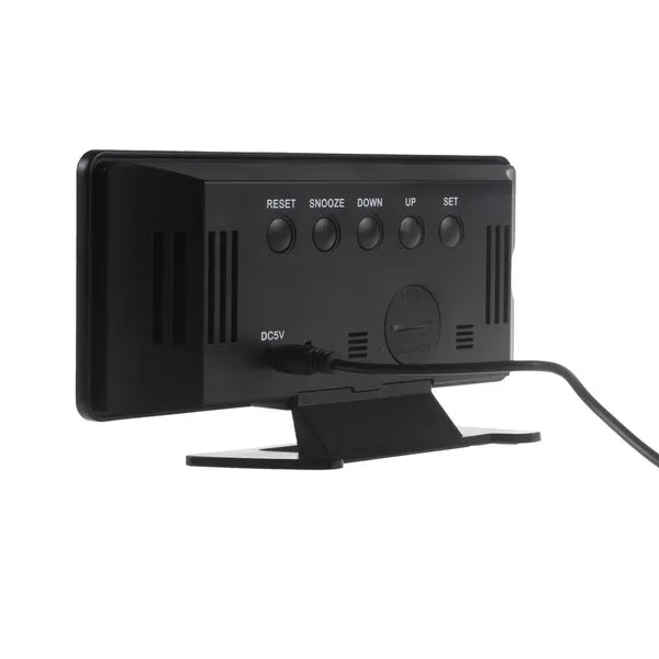 Digitális ébresztőóra hő- és páratartalom-mérővel, USB-C, fekete, 18 cm
