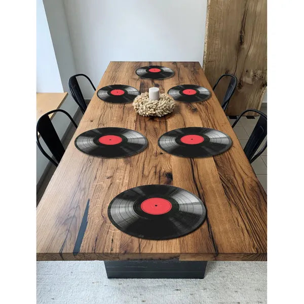 6 darabos, kerek, 33 cm-es filc asztali alátét szett – vinyl minta