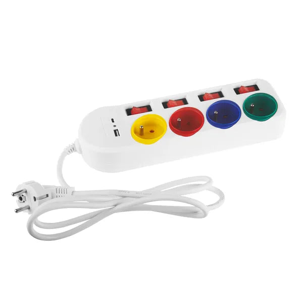 Hosszabbító elosztó 4 aljzattal, USB-A/C, külön kapcsolók, 1,5 m, fehér