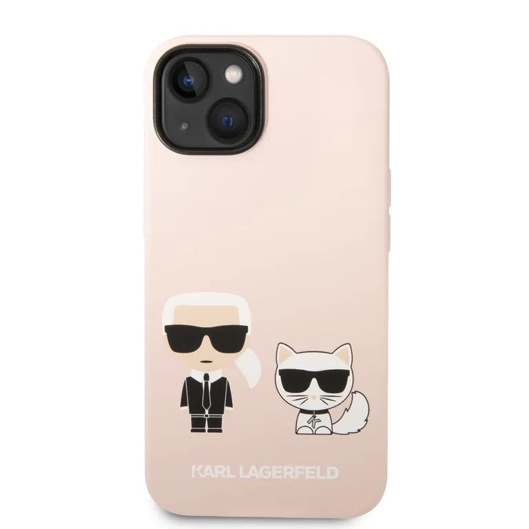 Karl Lagerfeld és Choupette folyékony szilikon Zadní Kryt pro iPhone 14 Plus rózsaszínű tok