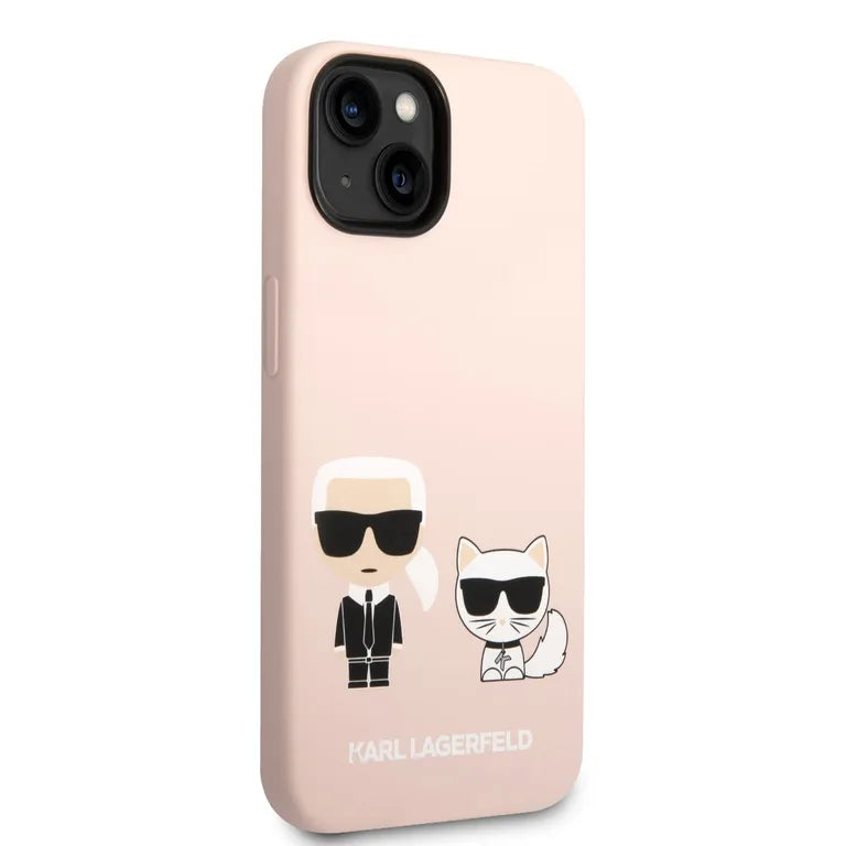 Karl Lagerfeld és Choupette folyékony szilikon Zadní Kryt pro iPhone 14 Plus rózsaszínű tok