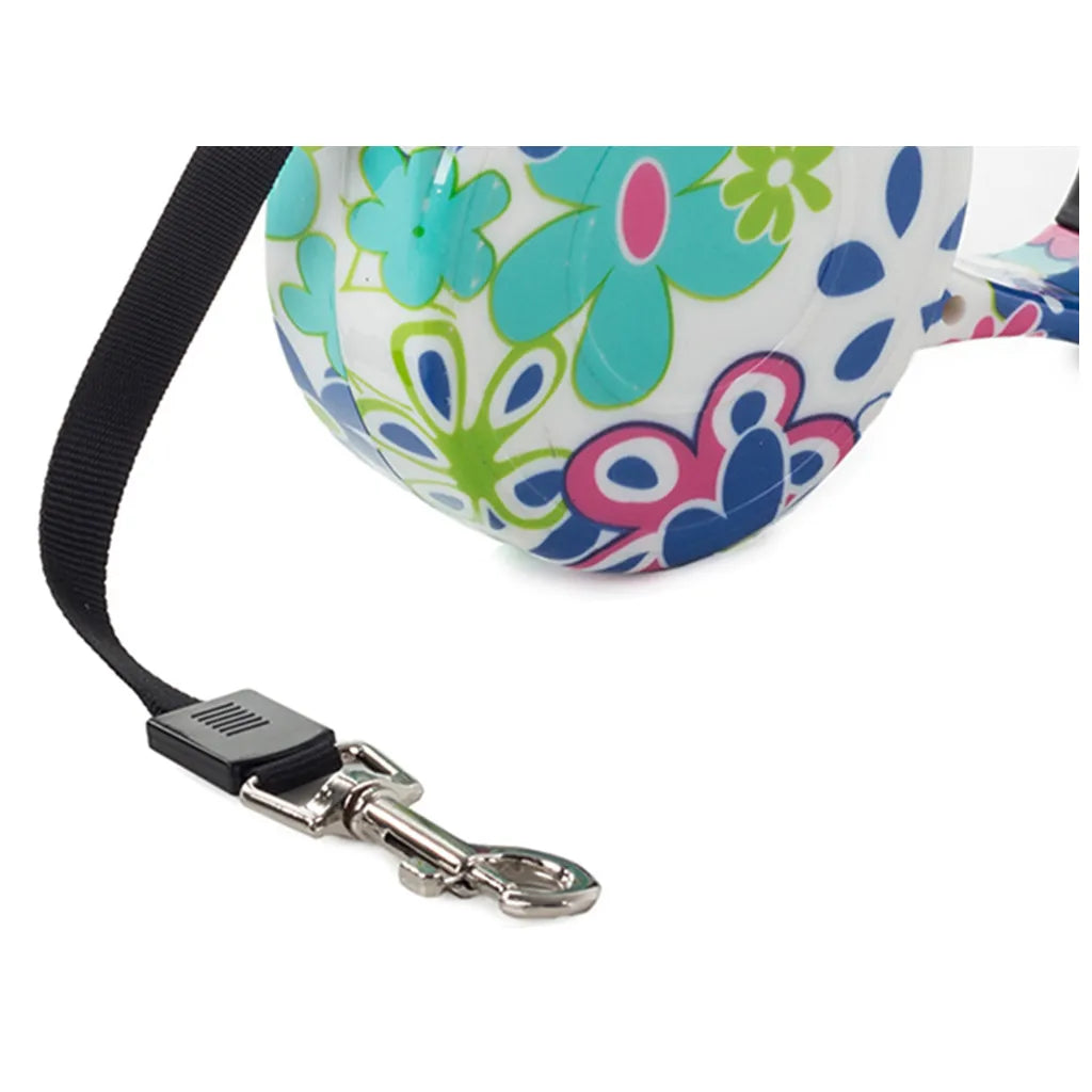 Automatikus kutyapóráz pántzárral 5m 15kg, fehér virágokkal