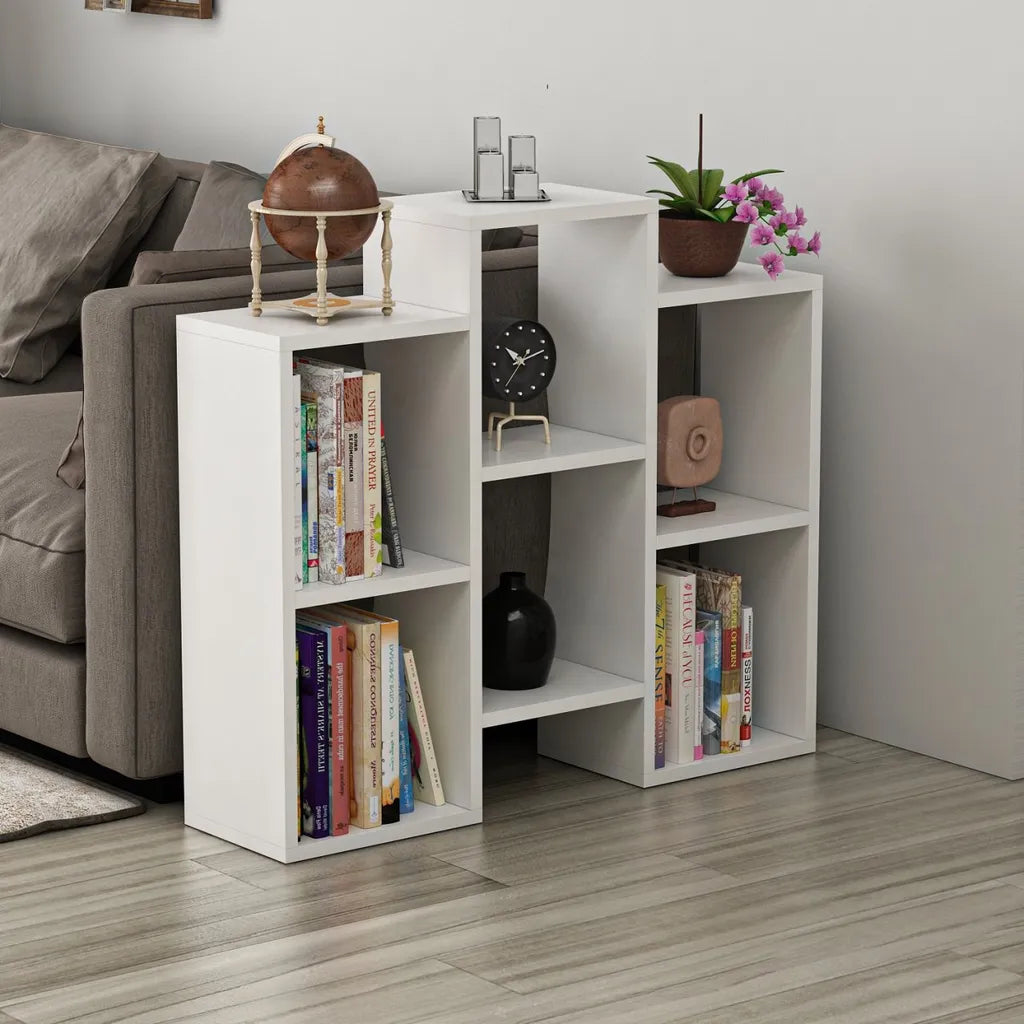 Modern könyvespolc eltolt polcokkal, 85x22x76 cm, fehér