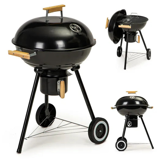 Kerti faszenes grill fedéllel, 44 cm-es rostély, kerekekkel