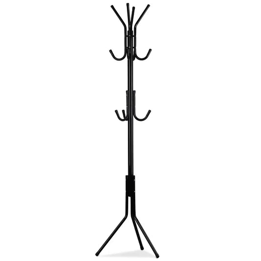 Fekete álló ruhafogas, 11 fém akasztóval, 175 cm