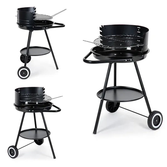Kerek kerti grill, 42 cm krómozott rács állítható magassággal, polccal