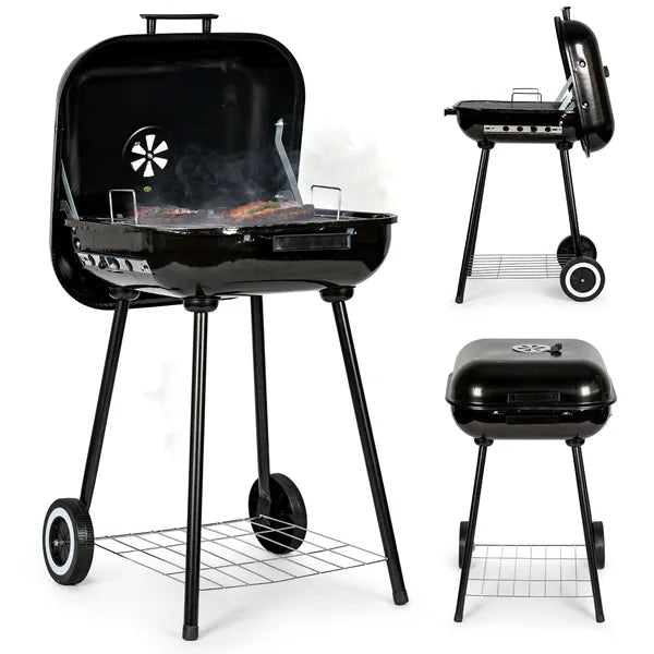 Kerti faszenes grill fedéllel és kerekekkel, 43×40 cm rács