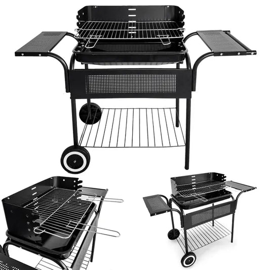 Kerti faszenes grill 53×34 cm állítható rostéllyal, polcokkal, kerekekkel
