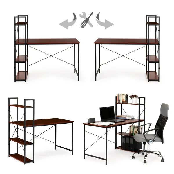 Loft stílusú fa–fém számítógépasztal, 120×64 cm, 4 polccal