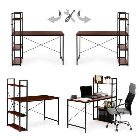Loft stílusú fa–fém számítógépasztal, 120×64 cm, 4 polccal