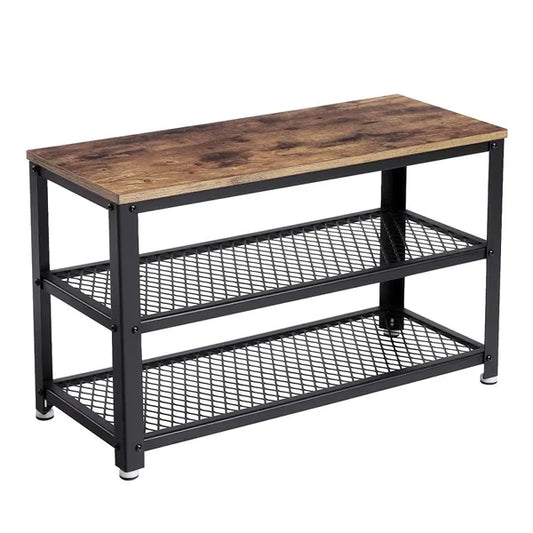 Loft cipősszekrény ülőkével, 2 polc, fém-fa, 73×30×45 cm, rusztikus barna