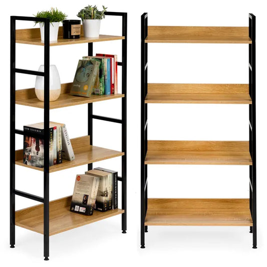 Loft stílusú 4 polcos fa–fém könyvespolc, 60x28x125 cm, állítható lábakkal