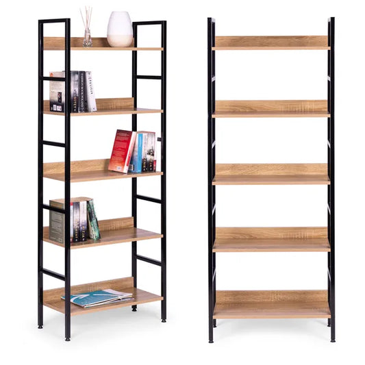 Loft stílusú 5 polcos könyvespolc, fém váz MDF polcok, 160 cm
