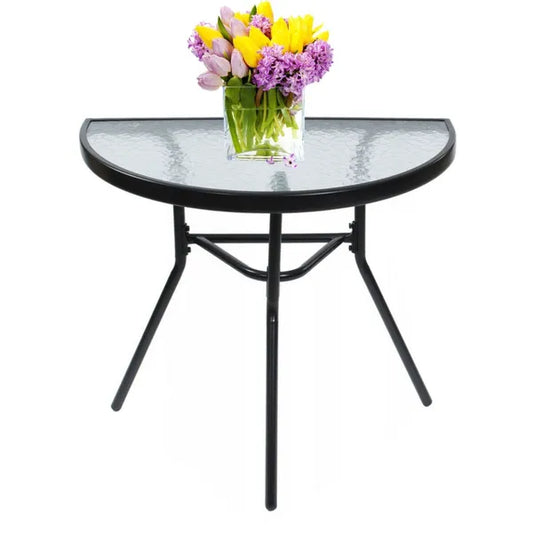Fekete félkör alakú edzett üvegasztal 70×40 cm erkélyre, teraszra