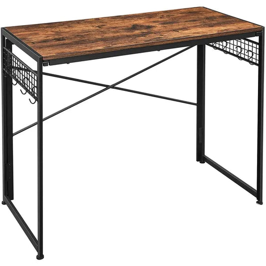 Rusztikus barna-fekete számítógép asztal 100×50×76 cm, fém vázzal, kampókkal