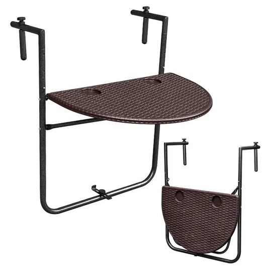 Összecsukható barna HDPE erkélyasztal korlátra akasztva, 64×60 cm