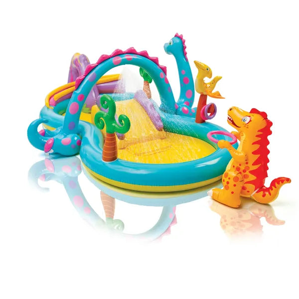 Intex Dinoland felfújható gyerek játszótér csúszdával, szökőkúttal 333×229 cm