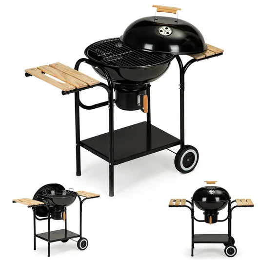 Faszénes kerti grill fedéllel, 40 cm krómozott rostéllyal, polcokkal, kerekekkel