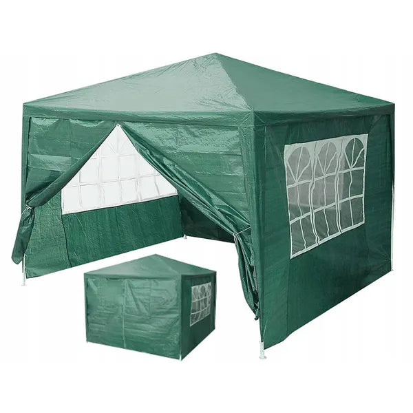 Zöld kerti pavilon sátor 3×3 m, 4 oldalfallal, vízálló PE, fém váz