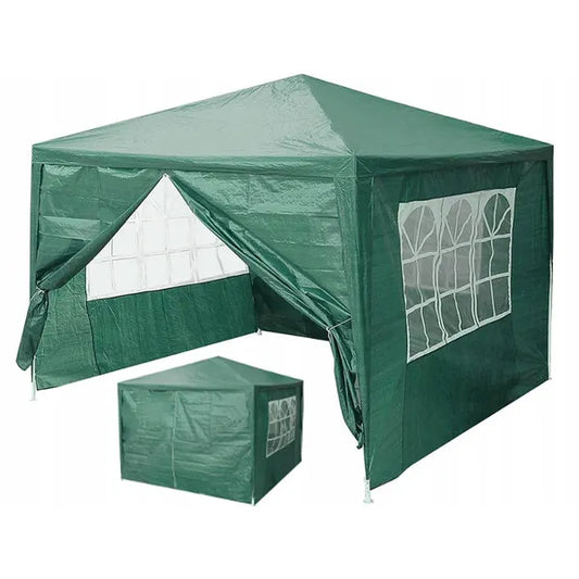 Zöld kerti pavilon sátor 3×3 m, 4 oldalfallal, vízálló PE, fém váz