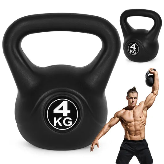 Kettlebell 4 kg műanyag burkolattal, cement maggal, lapos talppal