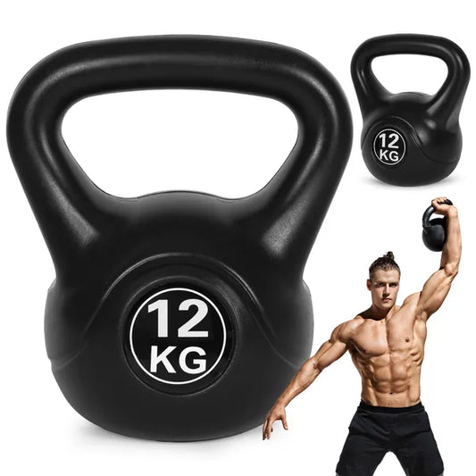 Kettlebell 12 kg, műanyag burkolat, ergonomikus markolat, lapos talppal