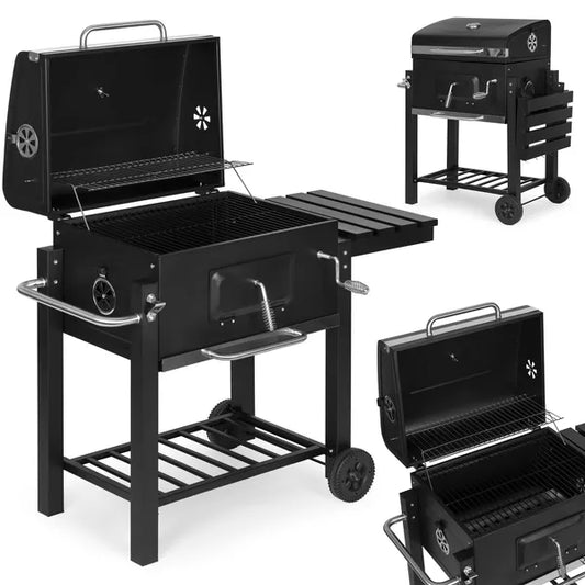 Nagy faszenes kerti grill fedéllel hőmérővel polcokkal kerekekkel és légfúvóval