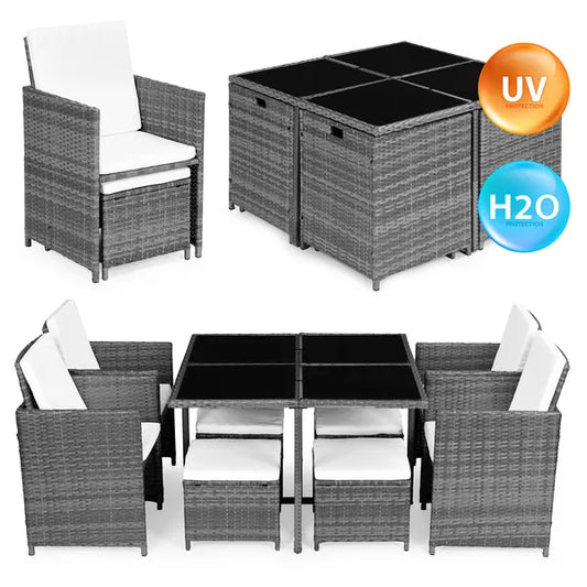 Polyrattan kerti bútor szett 4 fotellel, 4 puffal és üveglapos asztallal
