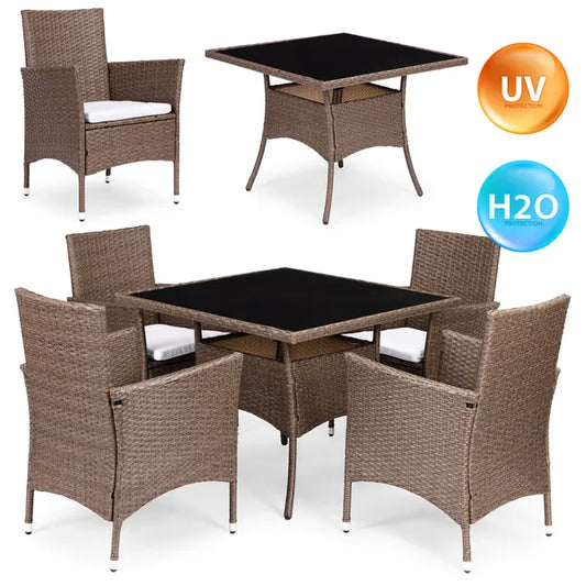 Polyrattan kerti bútor szett, 4 szék + edzett üveg asztal, világosbarna