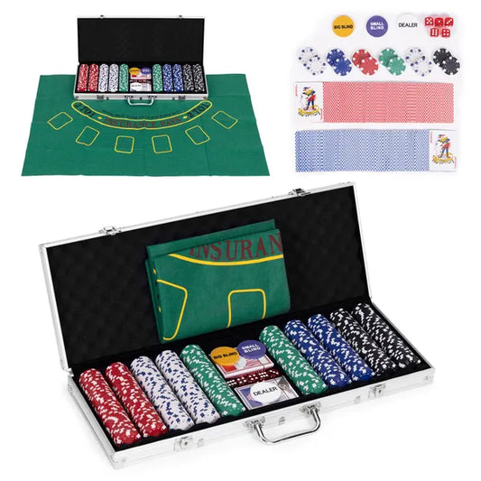 Póker és blackjack készlet, 500 zseton, szőnyeg, dobókocka, zárható koffer