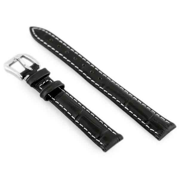 14 mm fekete bőr óraszíj fehér varrással, ezüst csattal