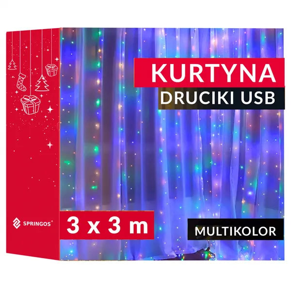 LED fényfüggöny 300 multiszínű LED, USB, 3×3 m, távvezérlő