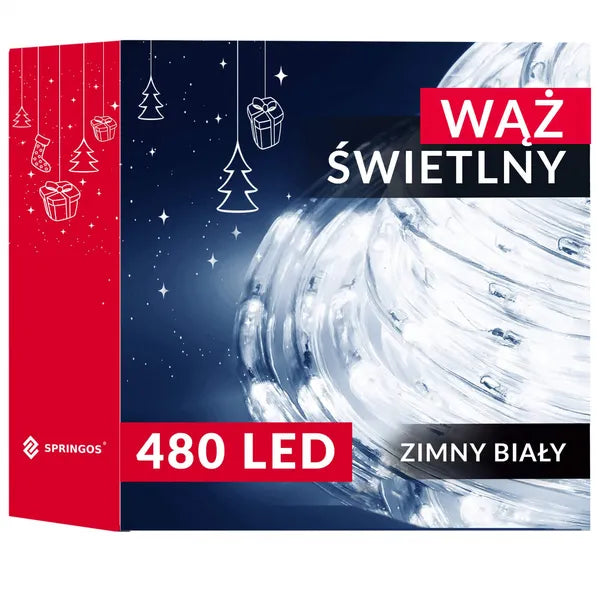 Hidegfehér LED fénykábel 20 m, 480 LED, IP44, 8 mód, Ø6 mm