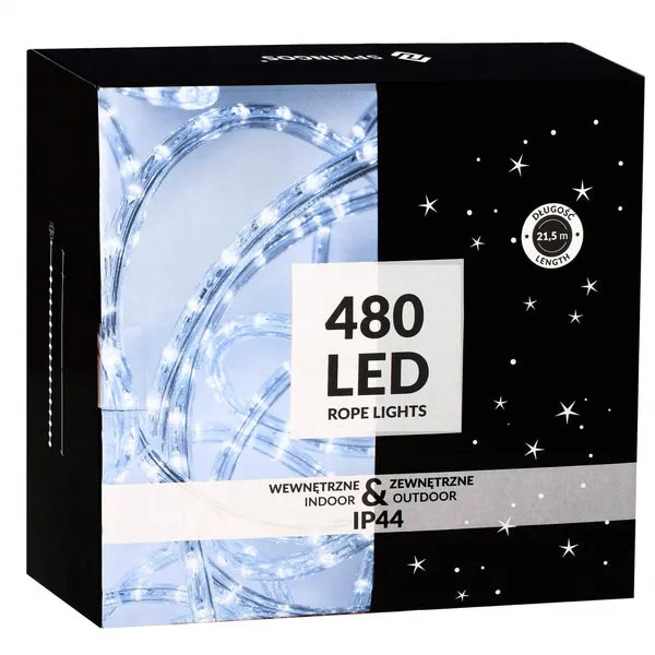 Hidegfehér LED fénykábel 20 m, 480 LED, IP44, 8 mód, Ø6 mm