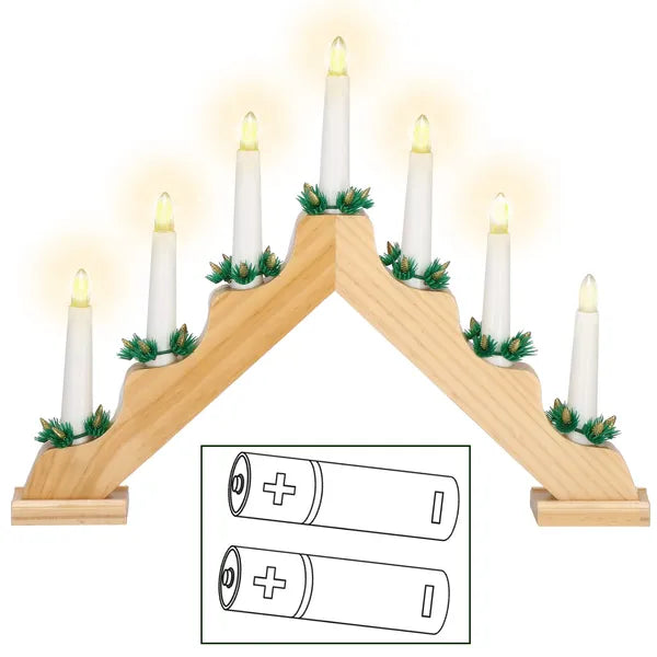 LED fa ablakdísz 7 gyertyával, meleg fehér, elemes, 39,5×30,5 cm