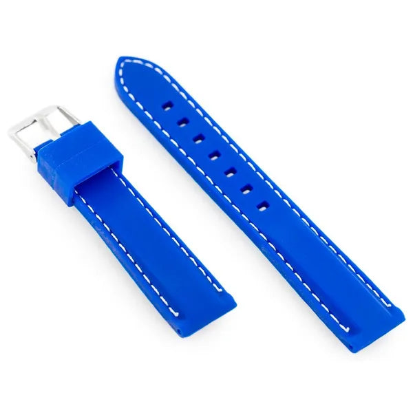 Kék gumióraszíj fehér varrással, 18 mm, ezüst csattal