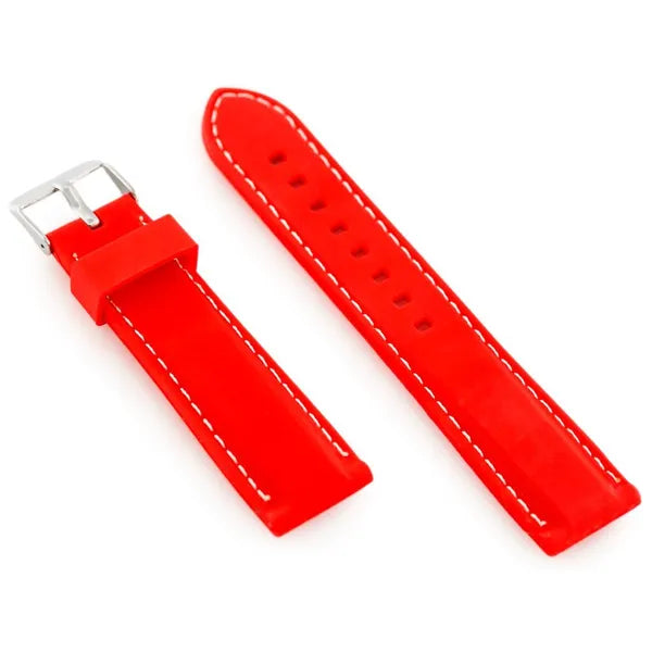 Piros gumi óraszíj fehér varrással, 24 mm, ezüst csattal