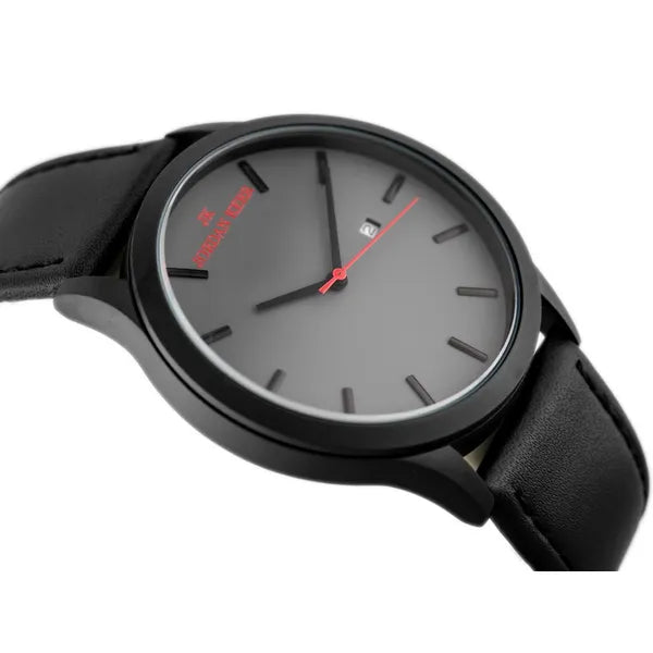 Férfi kvarc karóra fekete bőrszíjjal, szürke számlap, dátumkijelző, 45 mm