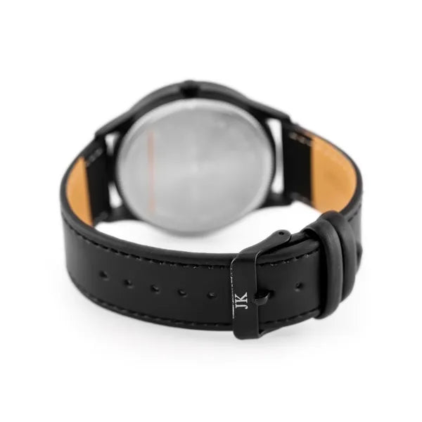 Férfi kvarc karóra fekete bőrszíjjal, szürke számlap, dátumkijelző, 45 mm