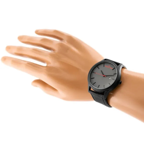 Férfi kvarc karóra fekete bőrszíjjal, szürke számlap, dátumkijelző, 45 mm