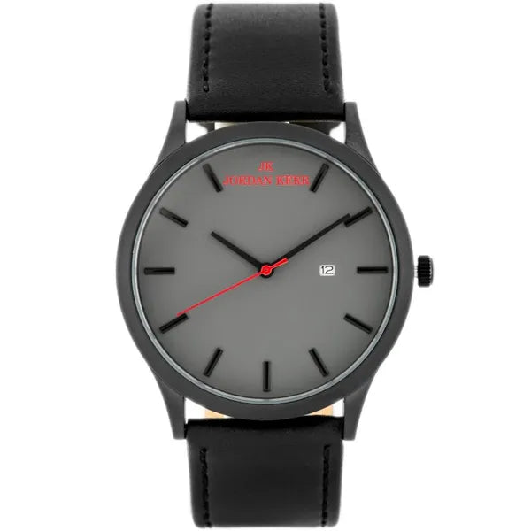 Férfi kvarc karóra fekete bőrszíjjal, szürke számlap, dátumkijelző, 45 mm
